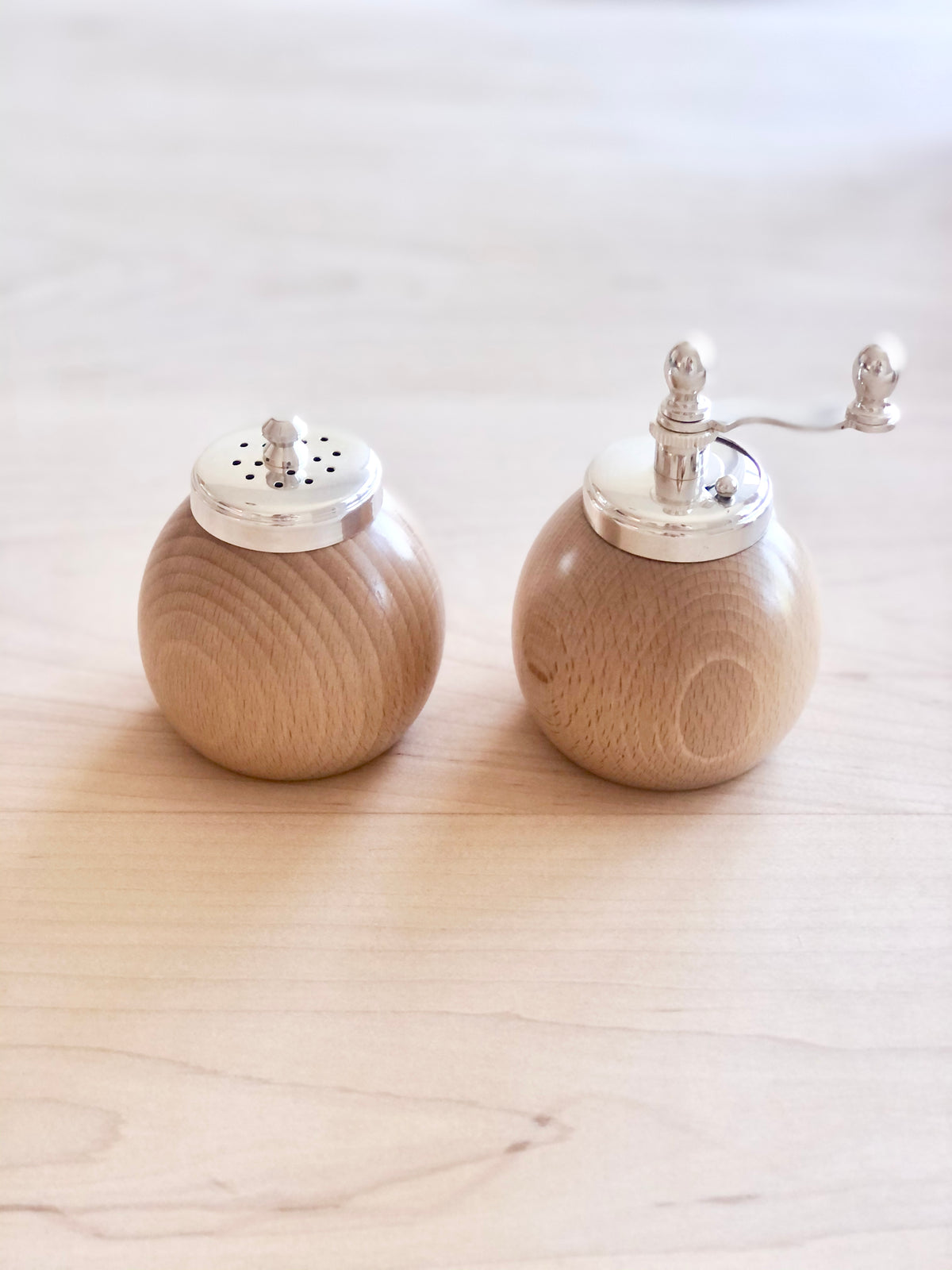 Round Salt & Pepper Set - Beech & Silver