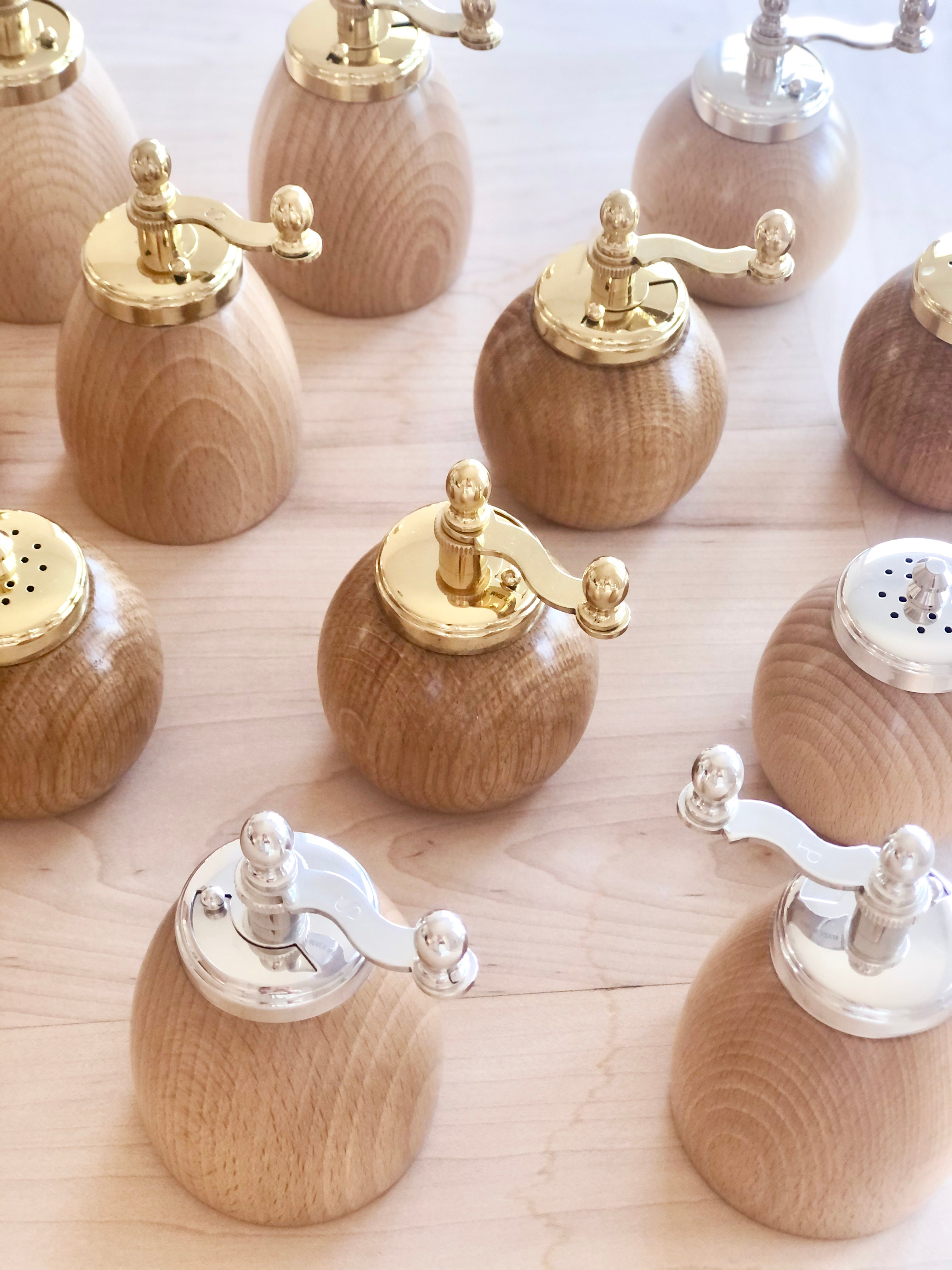 wood salt and pepper grinders brass and silver tops
