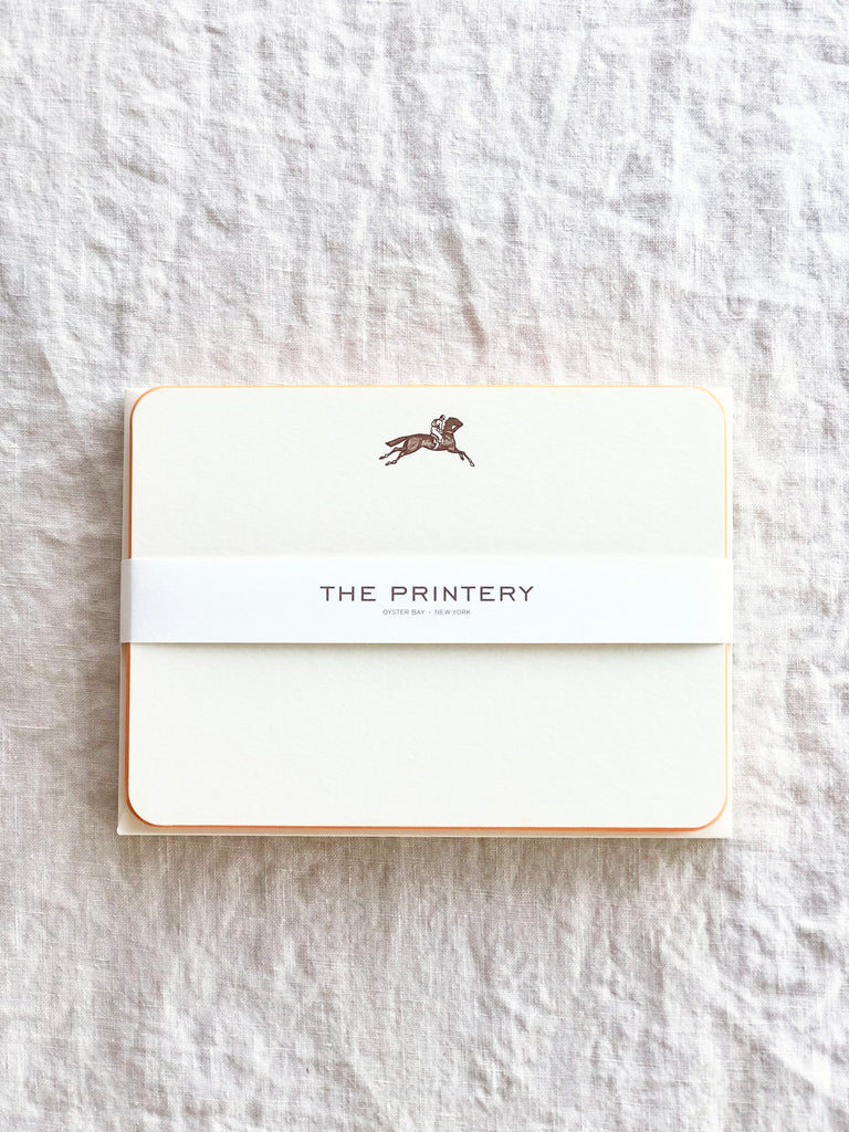 The Printery Derby Note Cards white with brown horse and orange edge 6.25 by 4.5 inches