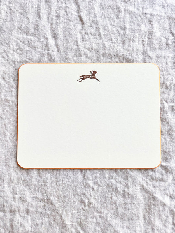 The Printery Derby Note Cards white with brown horse and orange edge 6.25 by 4.5 inches single card