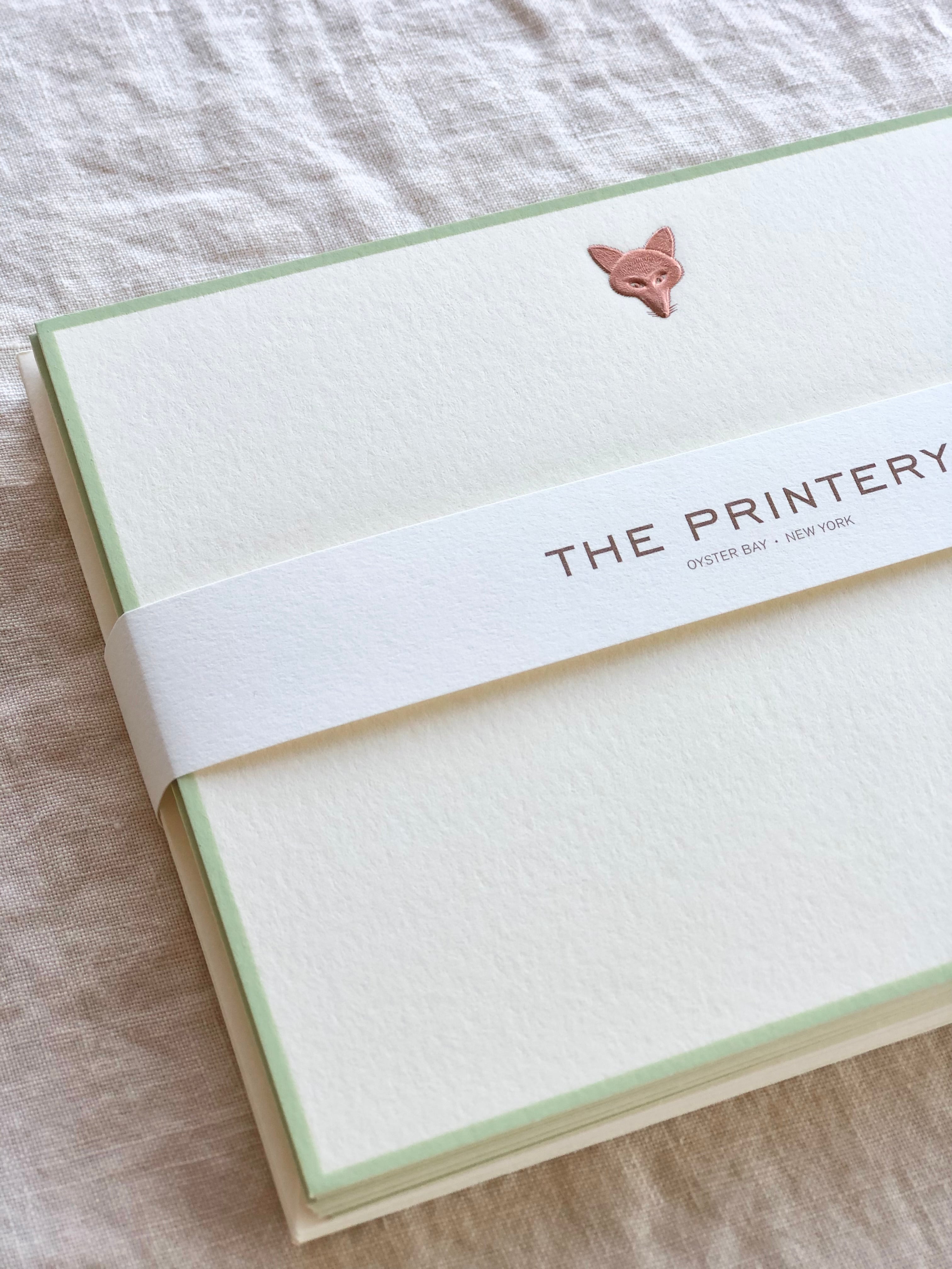 The Printery Foxy Note Cards white with copper fox face and green edge 6.25 by 4.5 inches detail view