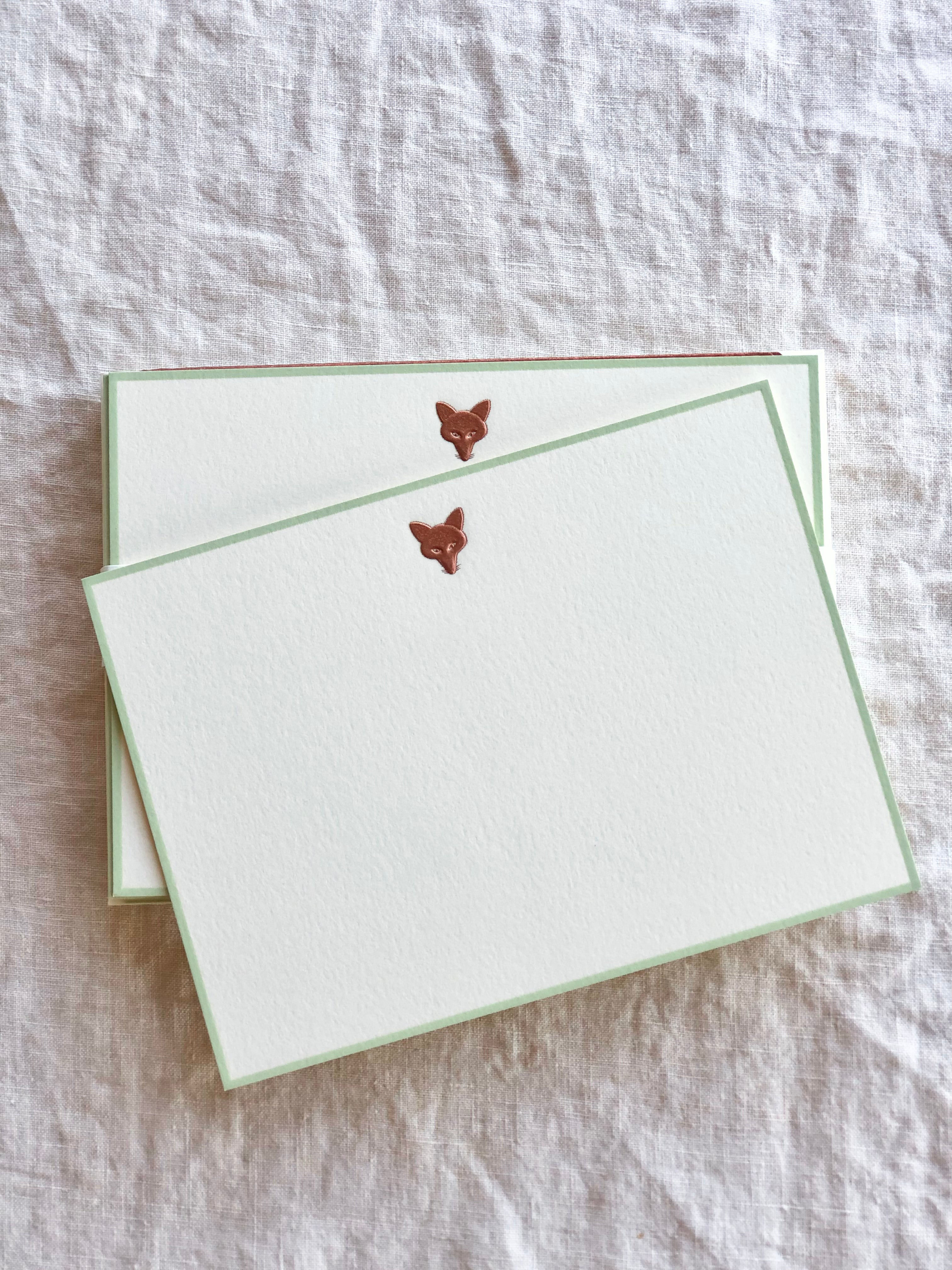 The Printery Foxy Note Cards white with copper fox face and green edge 6.25 by 4.5 inches