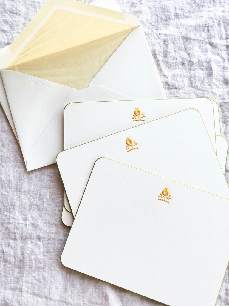 The Printery Pomegranate Note Cards white with yellow pomegranate and green edge 6.25 by 4.5 inches