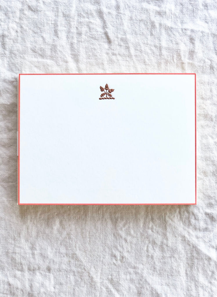 The Printery Acorn Note Cards white with orange edge 6.25 by 4.5 inches on white table