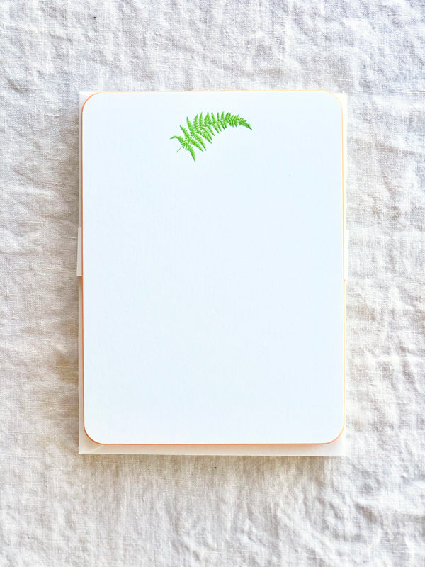 The Printery Fern Gully Note Cards white with green fern and yellow edge 6.25 by 4.5 inches stacked