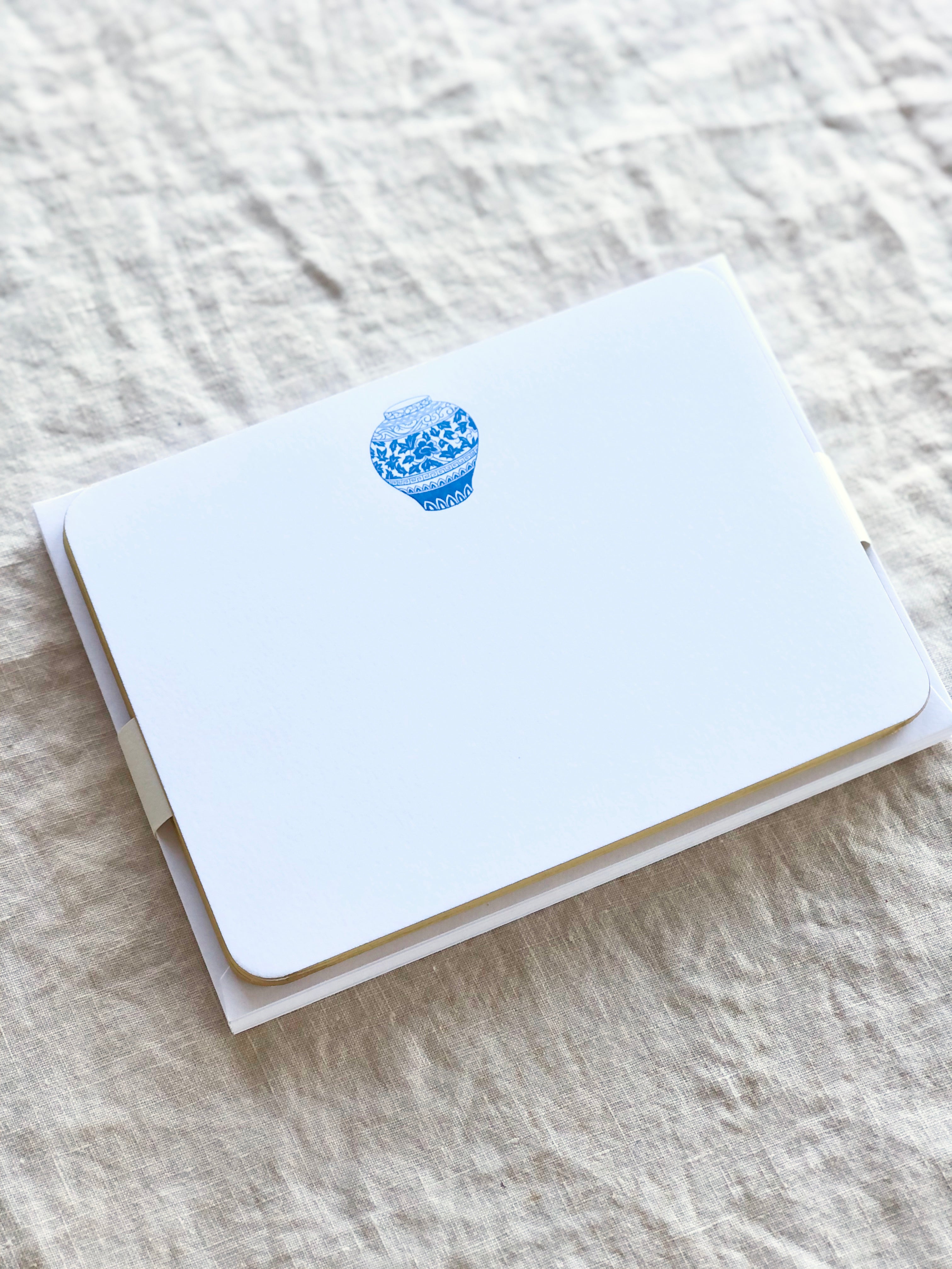 the printery chinois urn stationary white with blue urn detail view