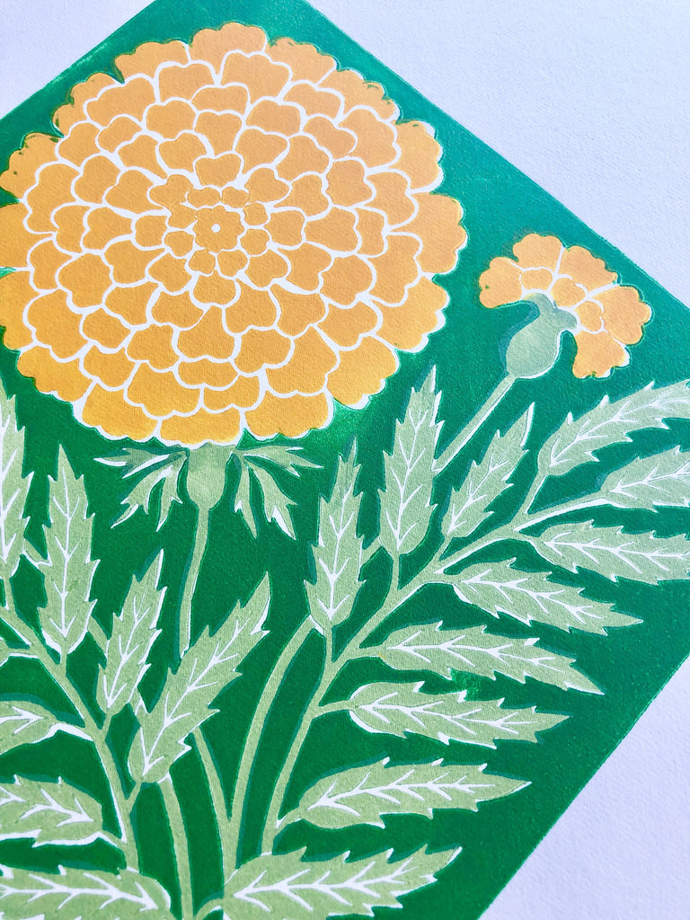 ellen merchant limited edition print with green background and large yellow Marigold 13.7" x 19.6" detail view