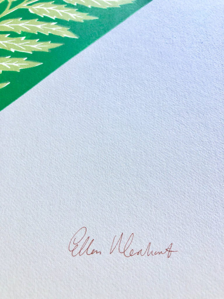 ellen merchant limited edition print with green background and large yellow Marigold 13.7" x 19.6" signature detail view