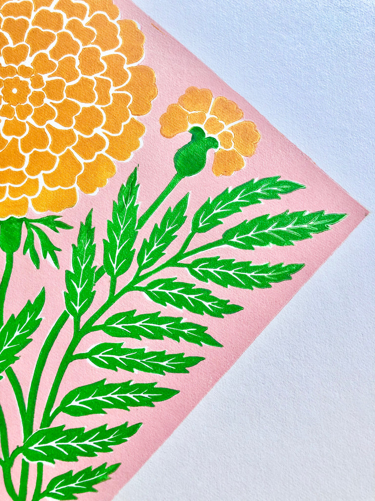 ellen merchant limited edition print with pink background and large yellow Marigold 13.7" x 19.6"  detail view