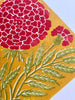 ellen merchant limited edition print with yellow background and large pink Marigold 13.7" x 19.6" leaf detail
