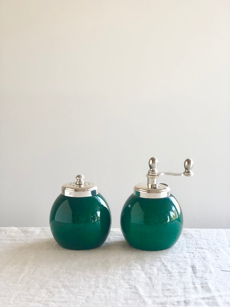green salt and pepper mill set with silver hardware