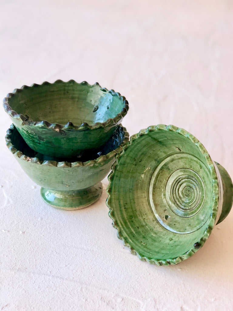 Tamegroute emerald colored bowls 6 inch stack and angled