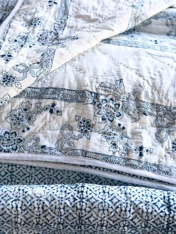hand printed blue and white reversible quilt full/queen 94" by 96"