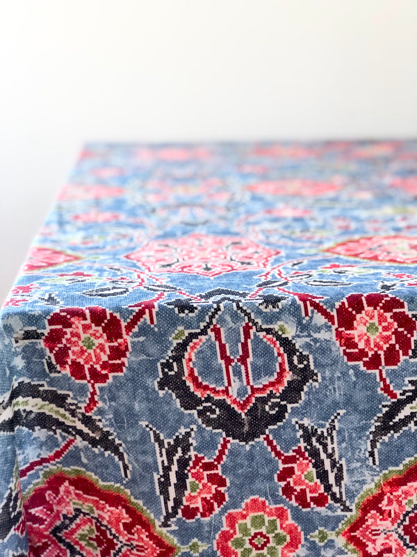 blue linen tablecloth with navy, burgandy and red floral pattern