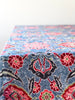 blue linen tablecloth with navy, burgandy and red floral pattern