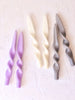 lavender twisted taper candles 11 inches tall shown in lavender cream and gray colors