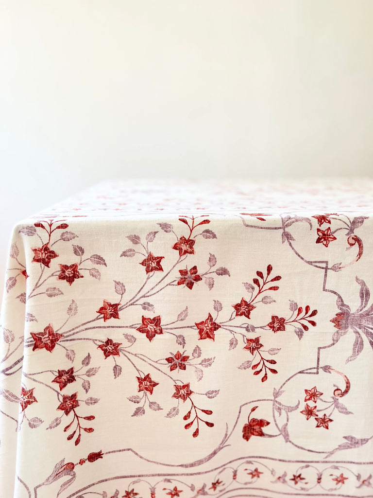 red and lilac floral print cotton tablecloth 
