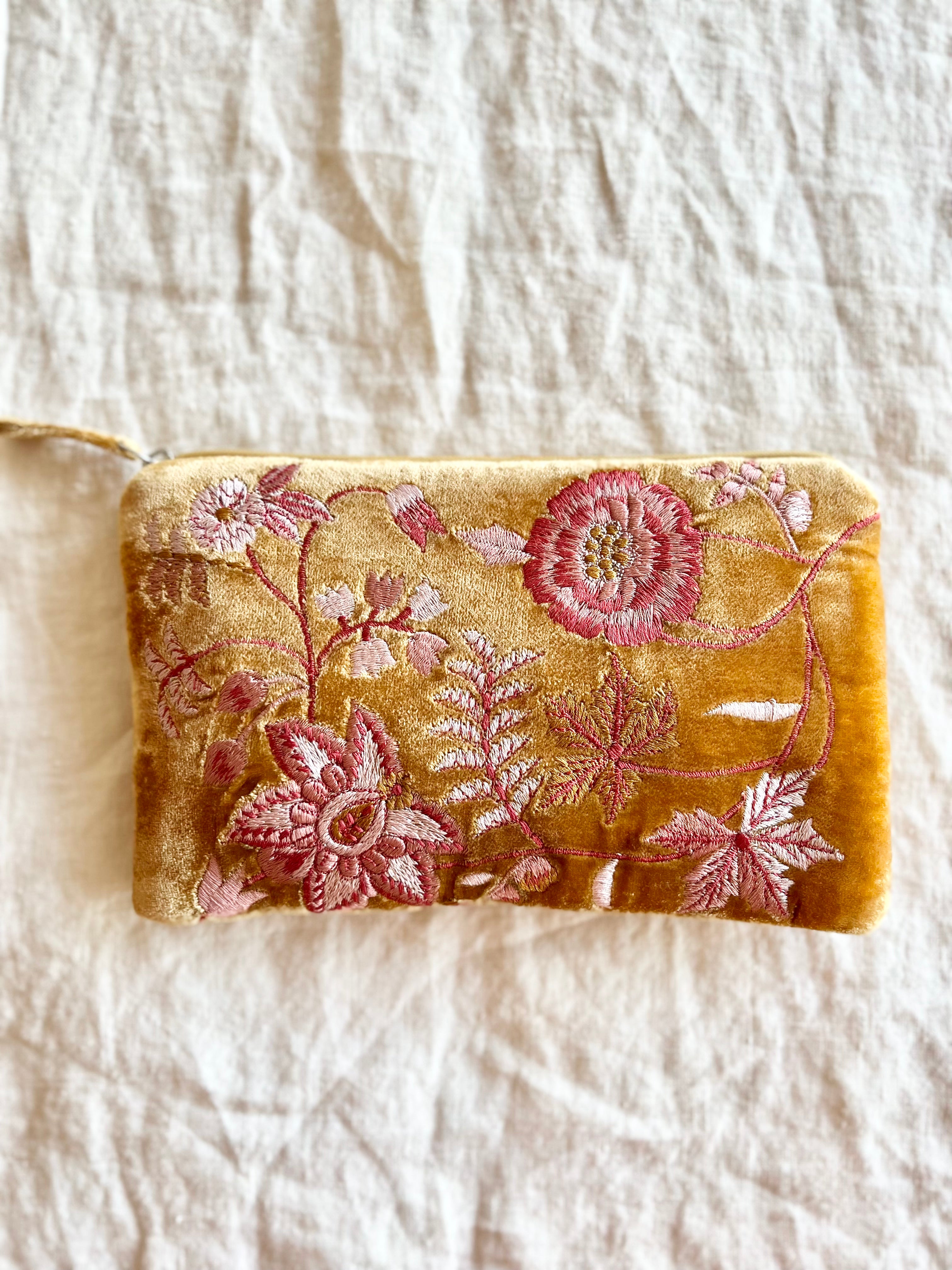 gold velvet embroidered pochette 8" by 4.5"