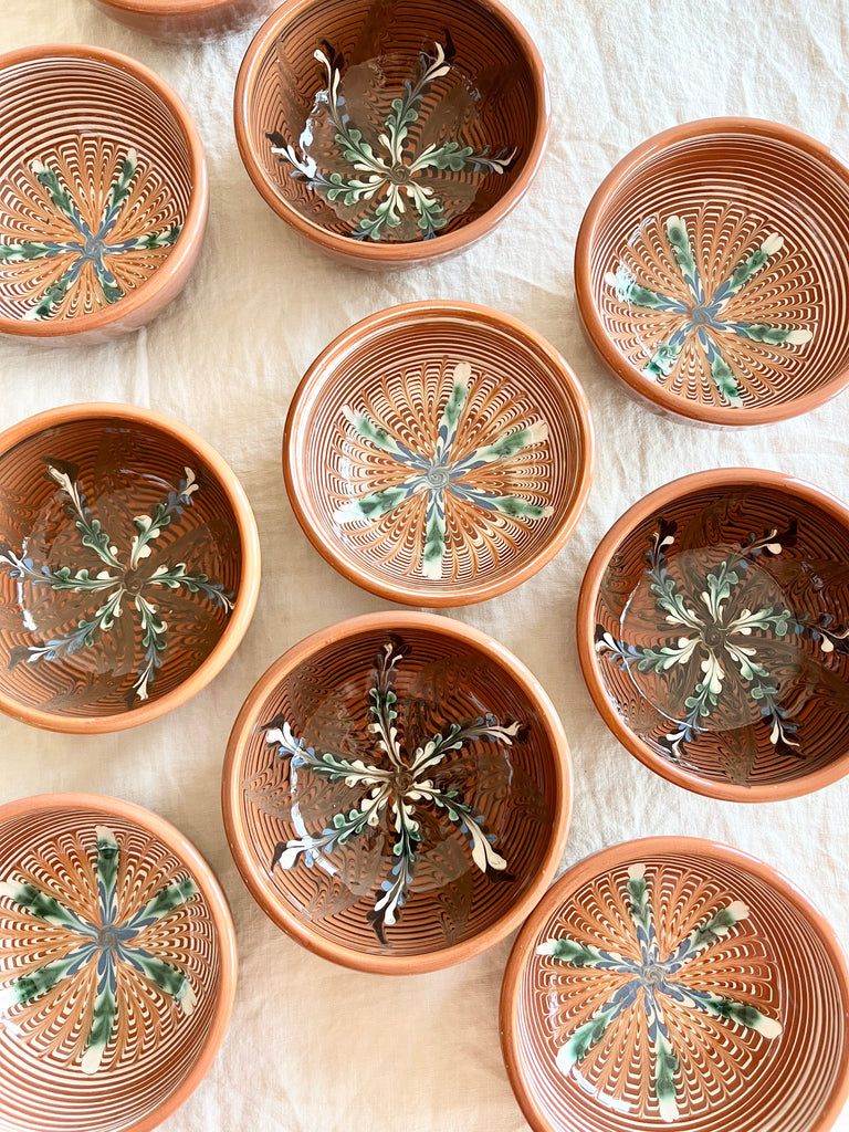 ceramic finger bowl in henna with radial leaf design group of several