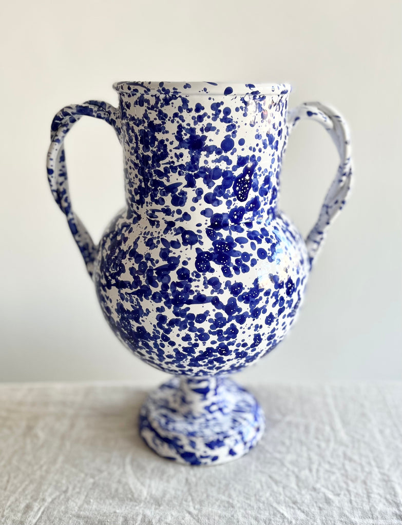 amphora vase in blue and white speckle  pattern 13 inches tall
