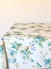 white tablecloth with blue floral pattern