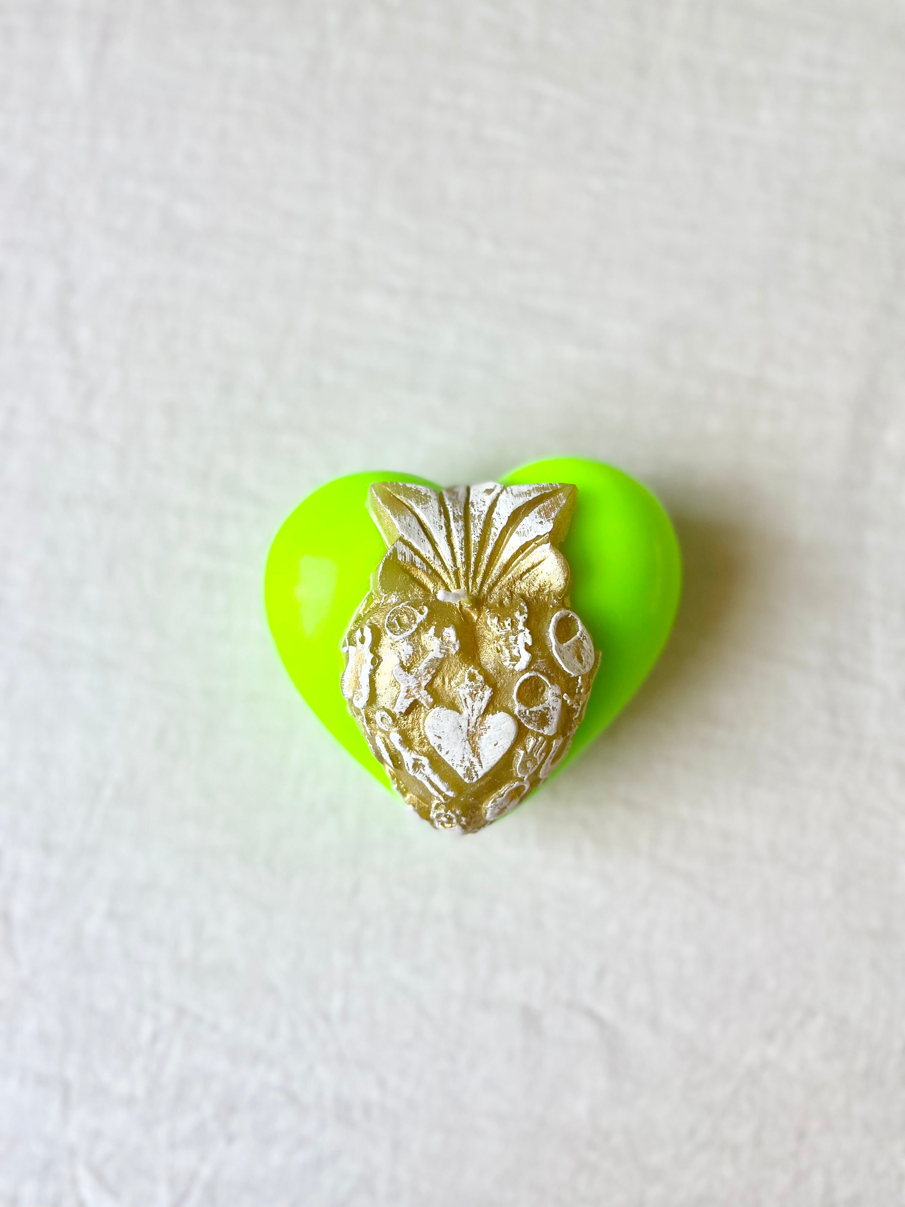 Golden Puffy Heart Candle- Neon Green