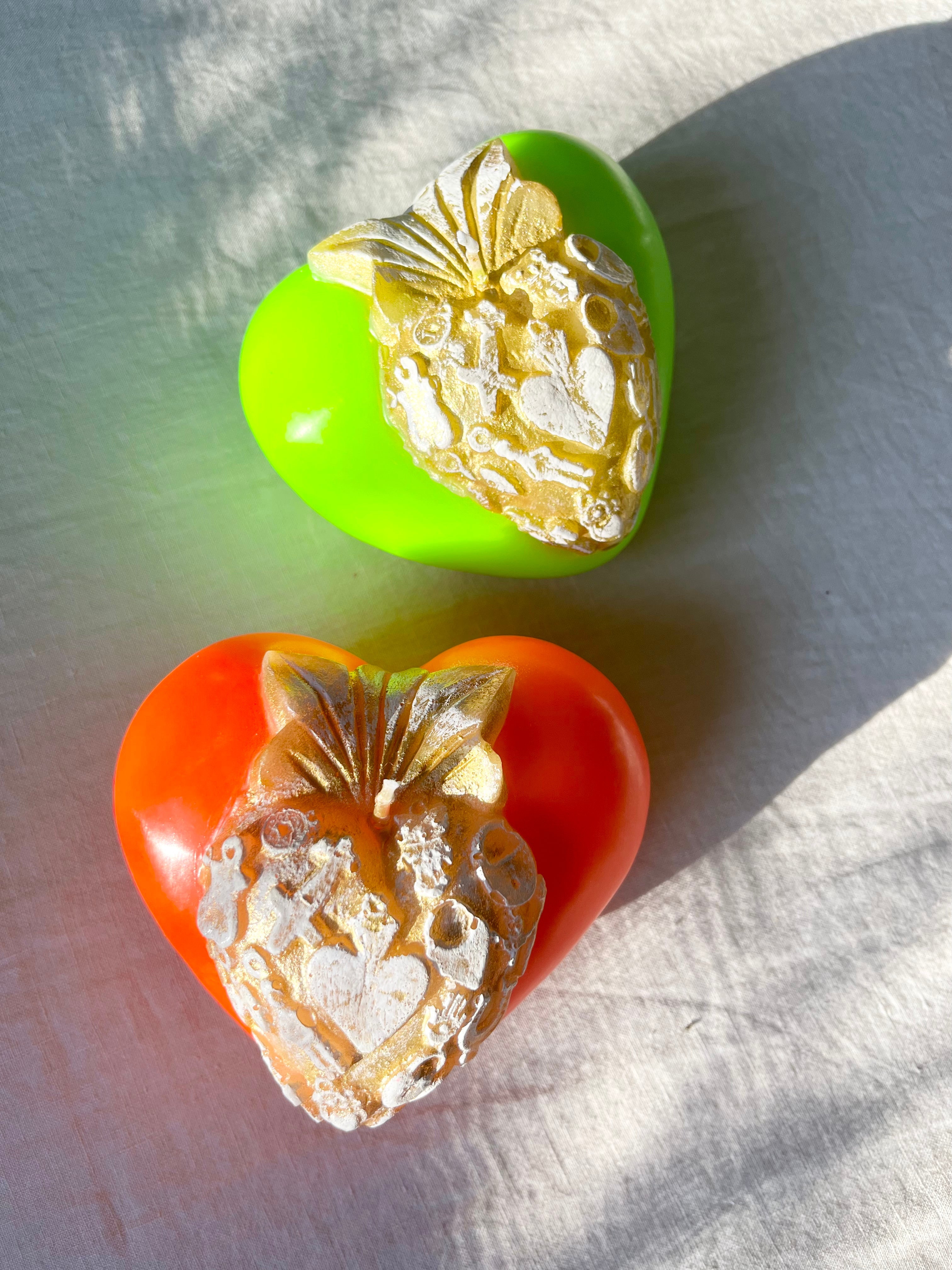 Golden Puffy Heart Candle- Neon orange