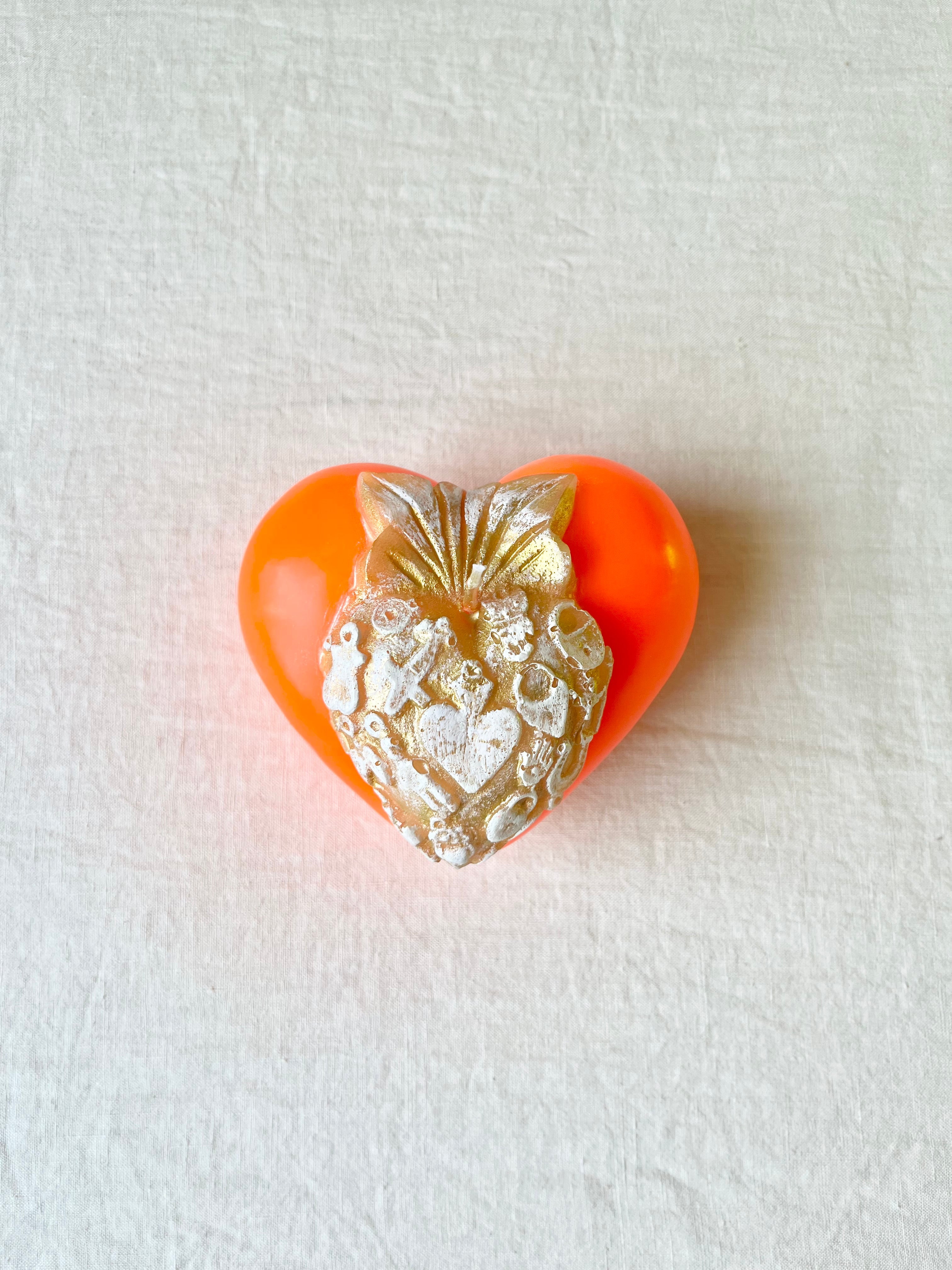 Golden Puffy Heart Candle- Neon orange