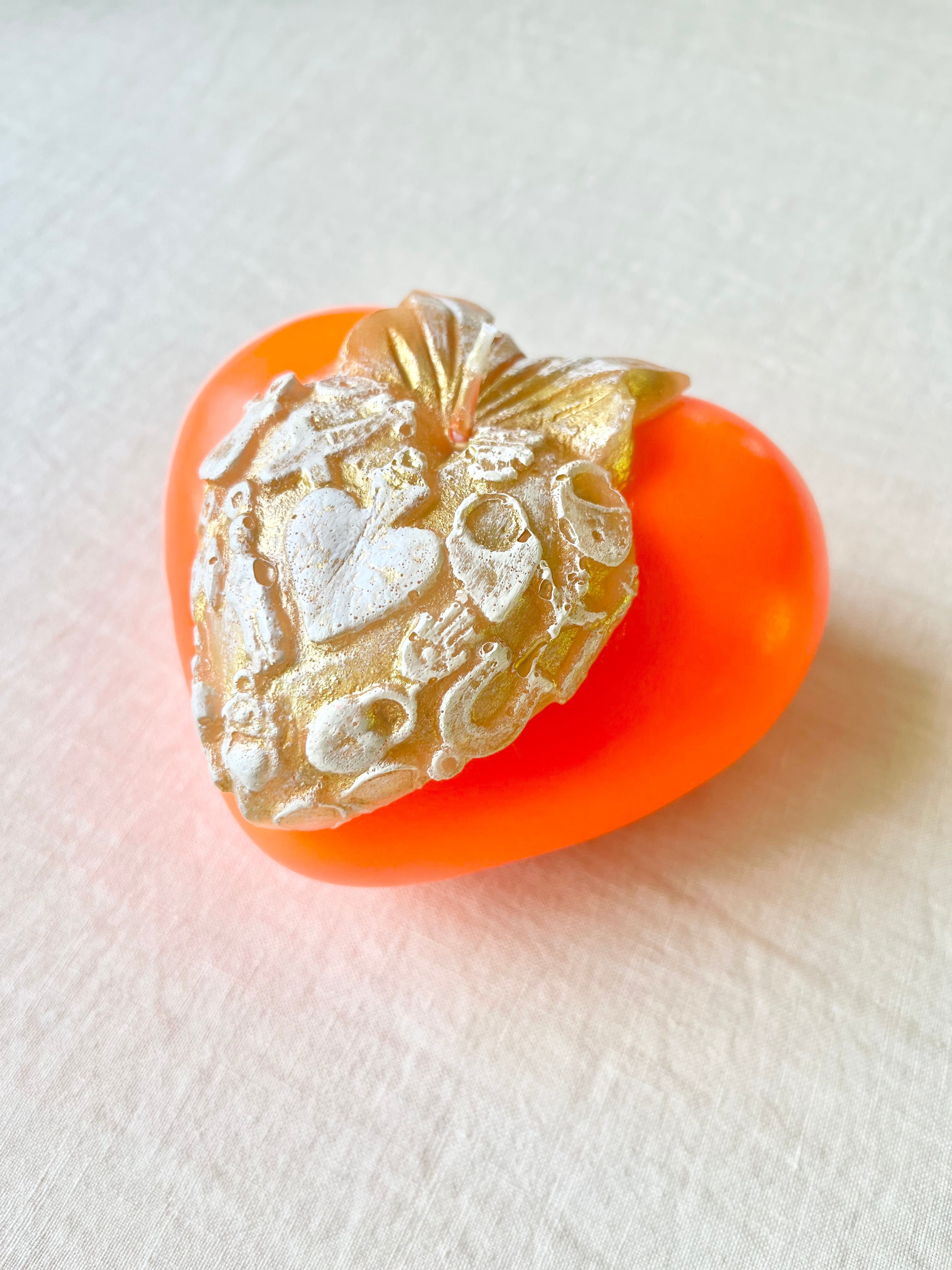 Golden Puffy Heart Candle- Neon orange