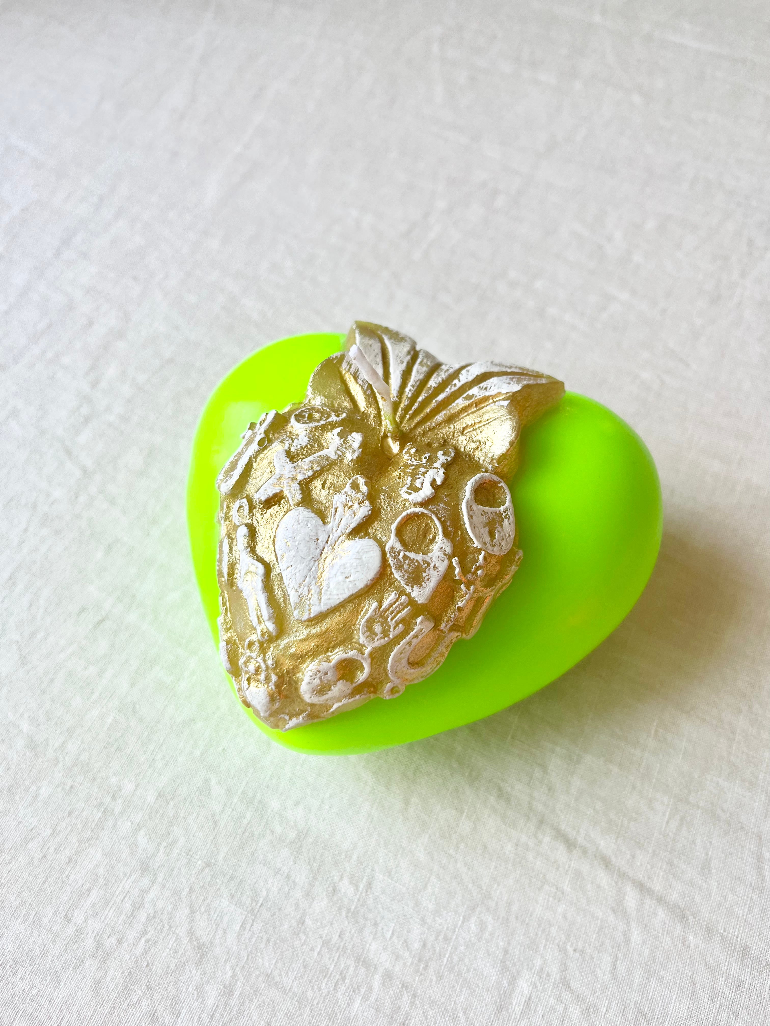 Golden Puffy Heart Candle- Neon Green