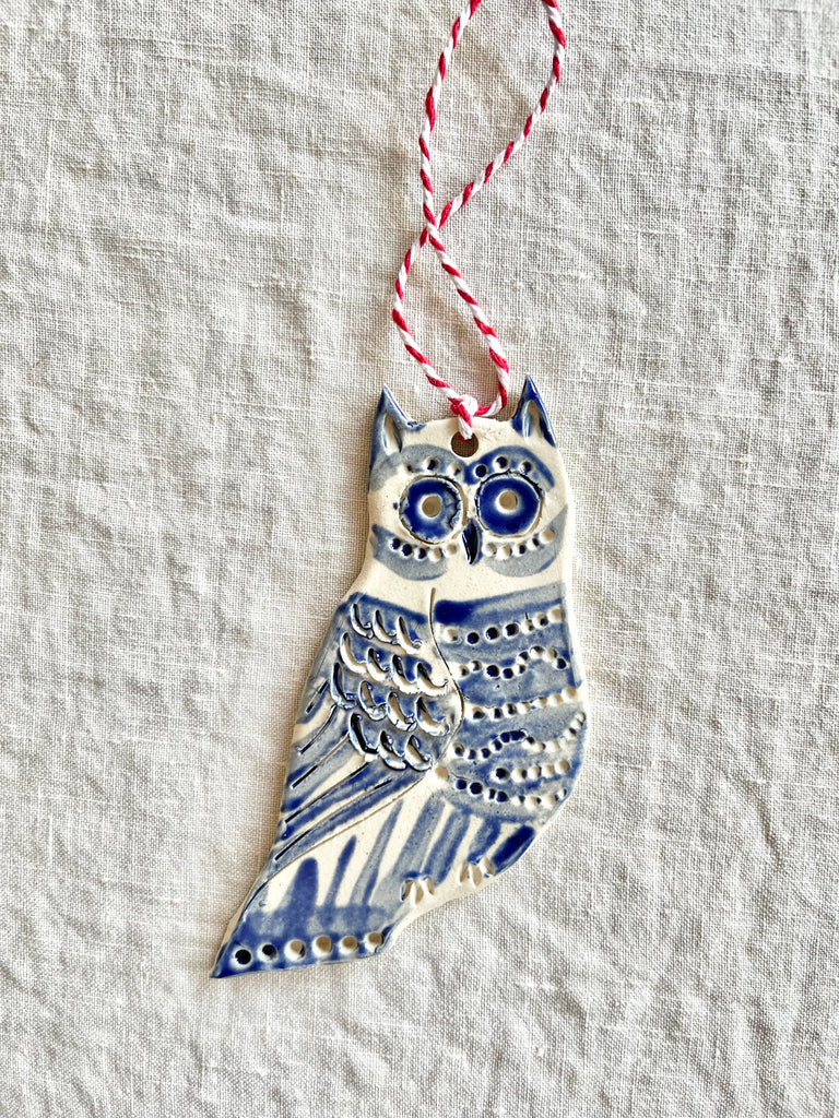 blue and white owl christmas ornament