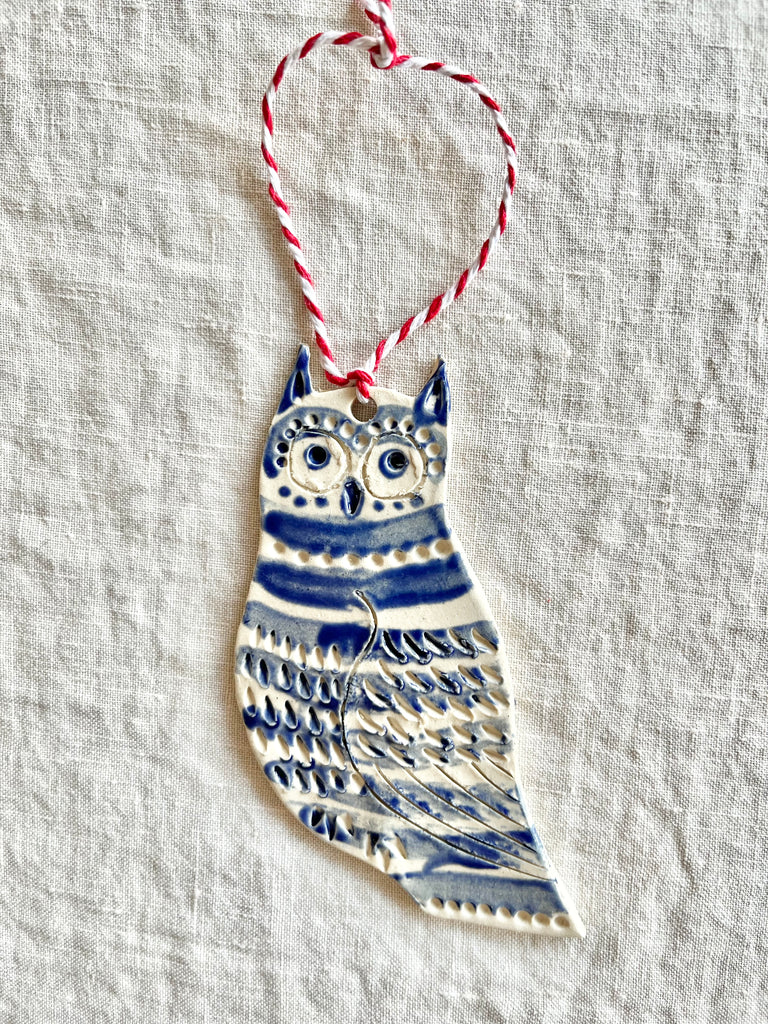 blue and white owl christmas ornament with ribbon