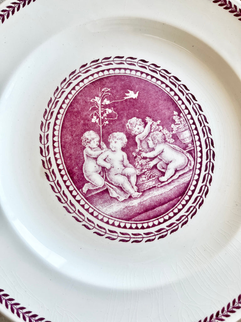 wedgwood cipriani dinner plate with pink and white cherub design in center cherub detail