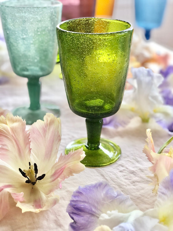 bubble glass goblet in fern green color on table