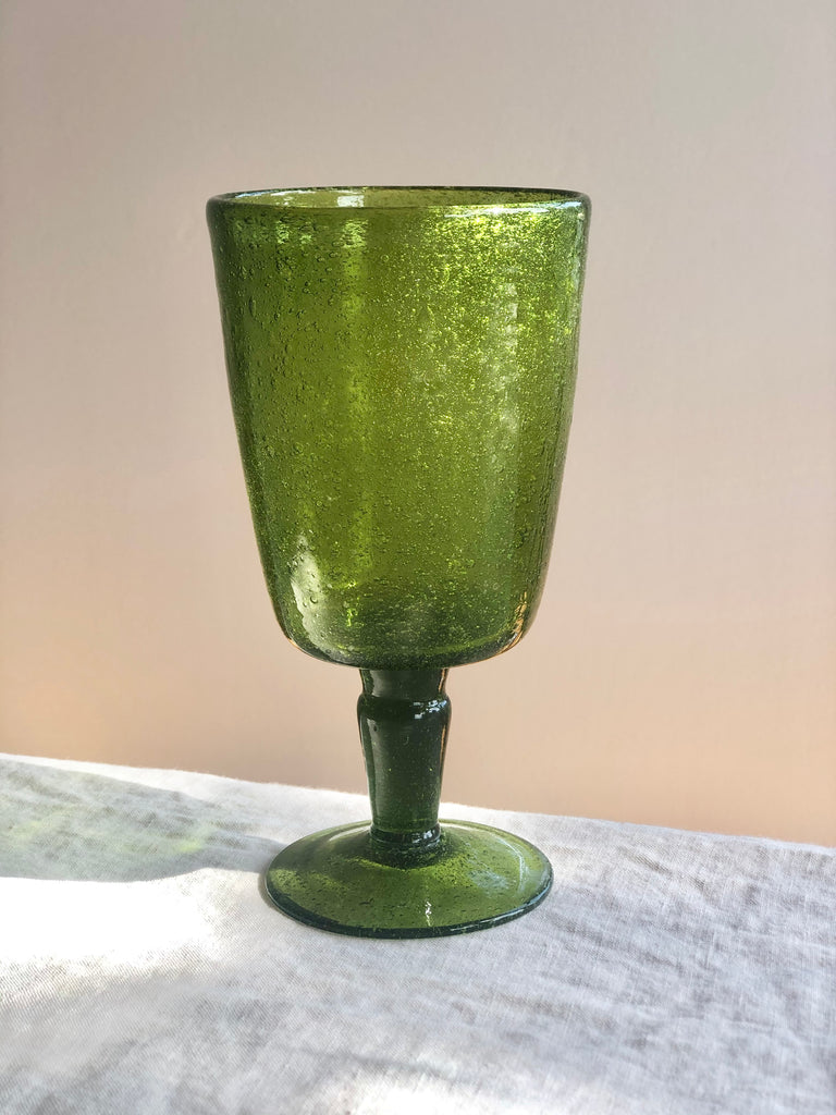 bubble glass goblet in fern green color detail view