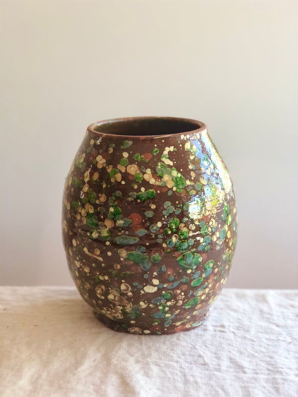 Oboga brown round vases with green and cream speckle pattern 8 inches tall