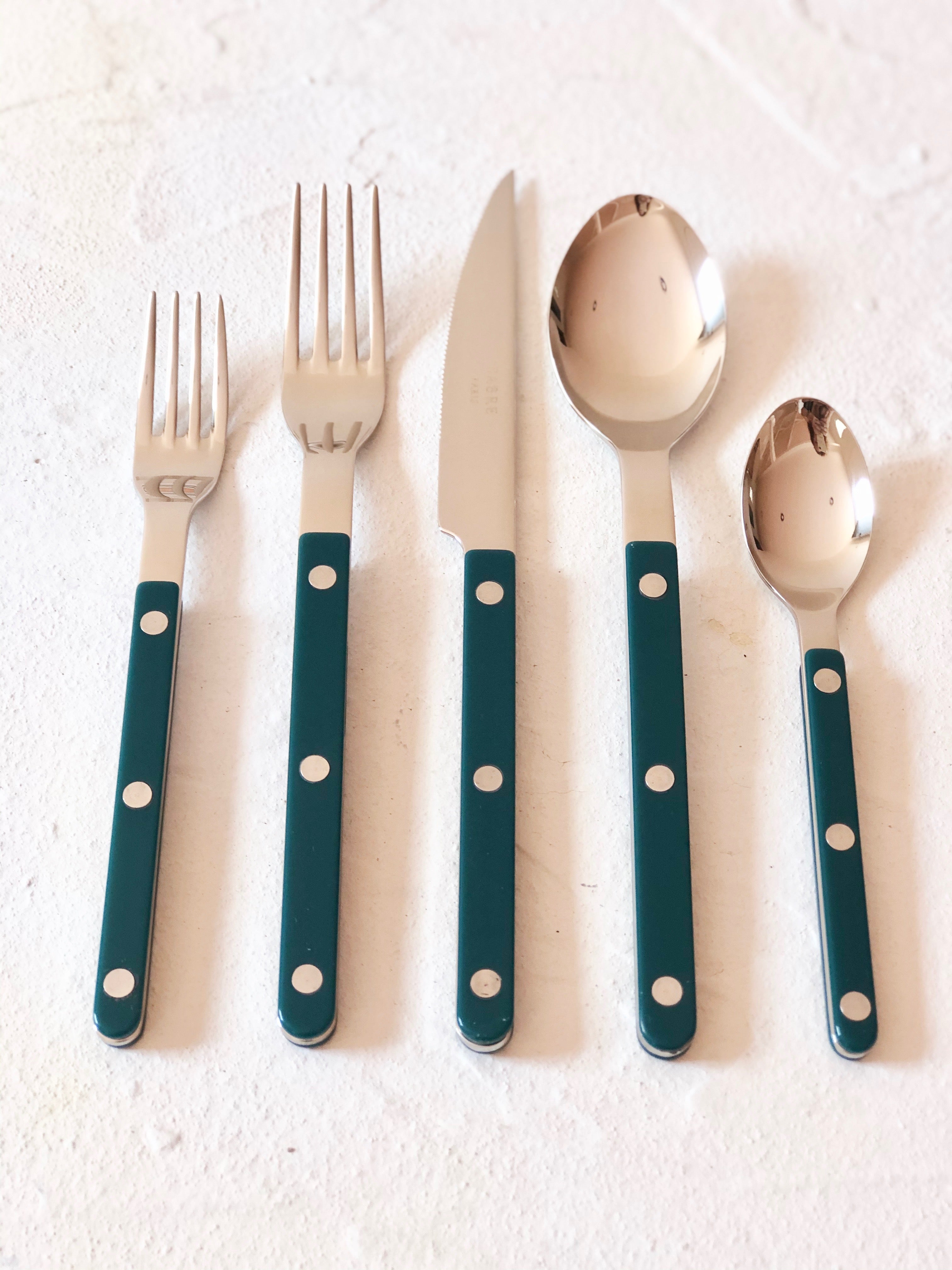 sabre stainless steel flatware set with teal resin handles