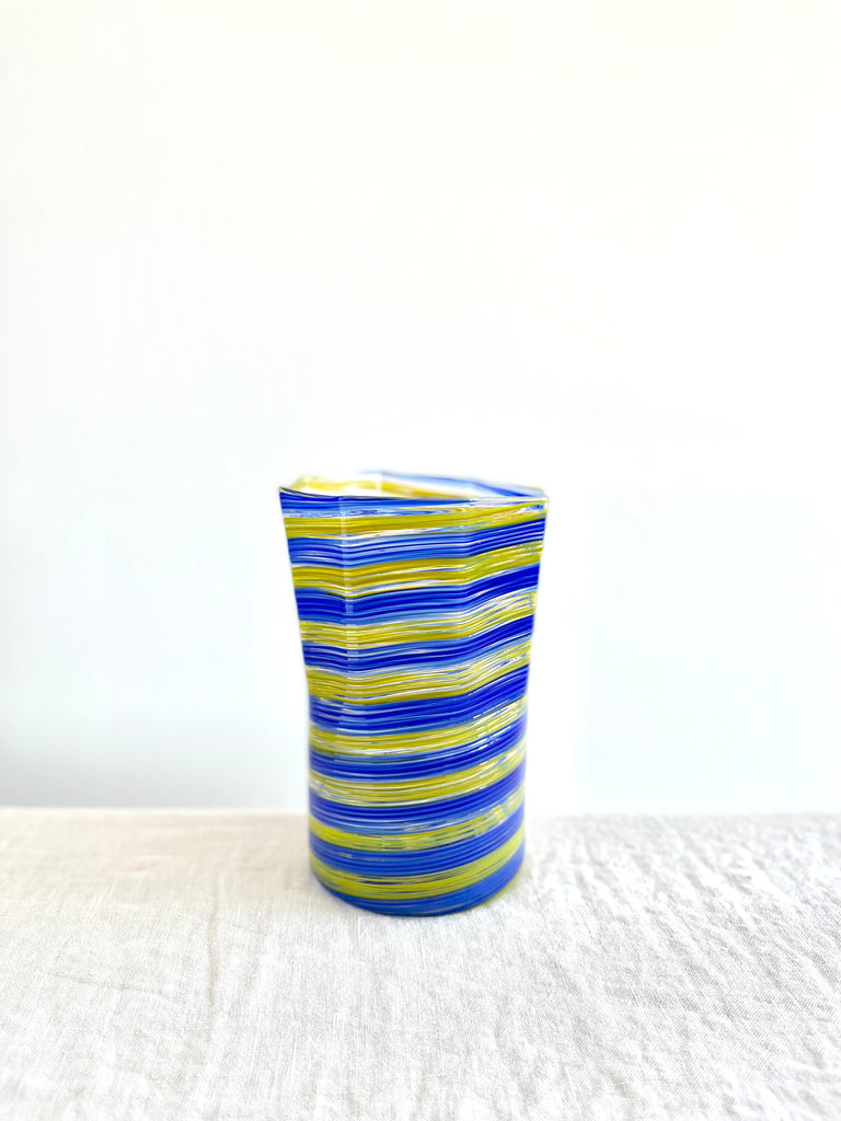 blue and chartreuse octagonal hand blown glass tumbler 5.5 inches high