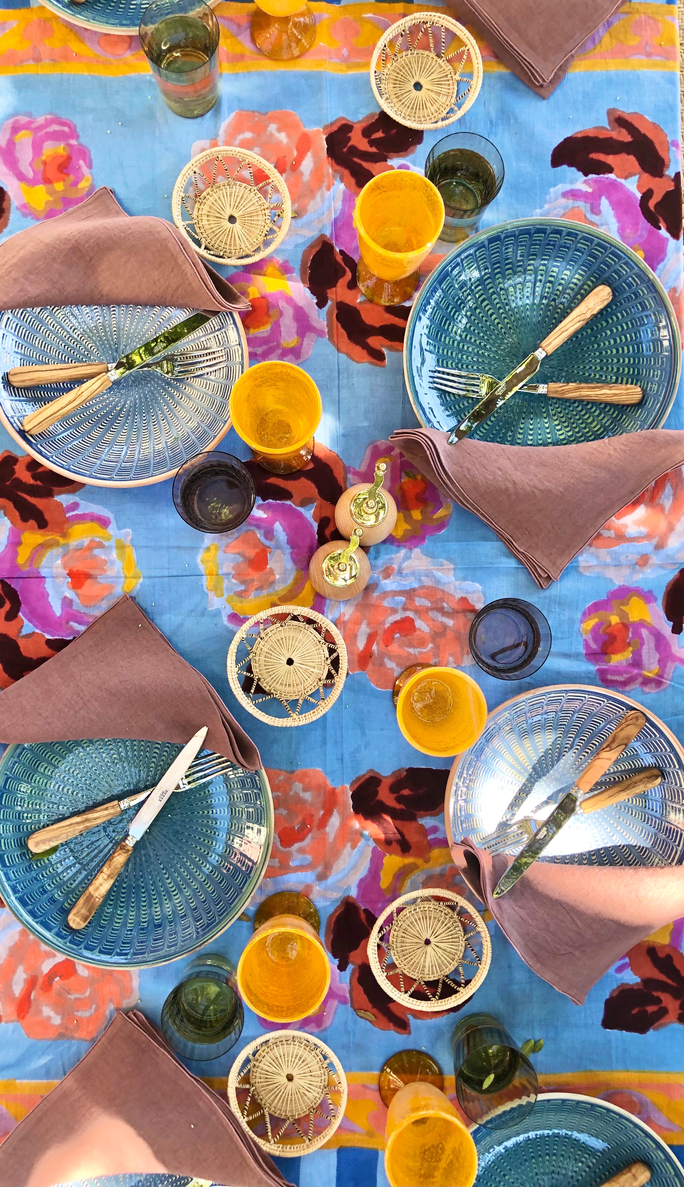 woven coaster set on table aerial view