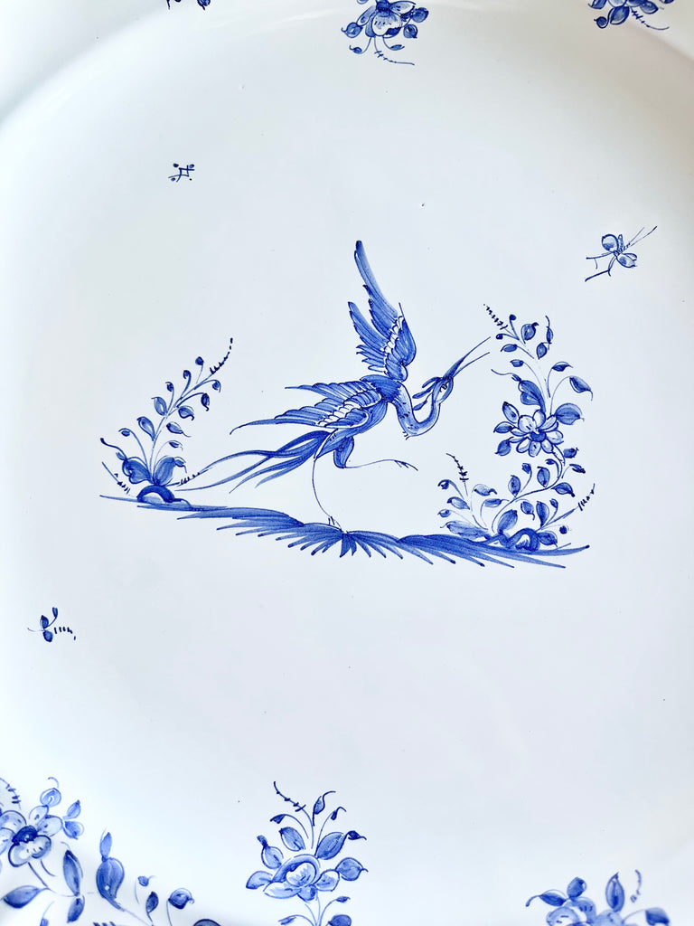 white serving tray with blue phoenix design detail view