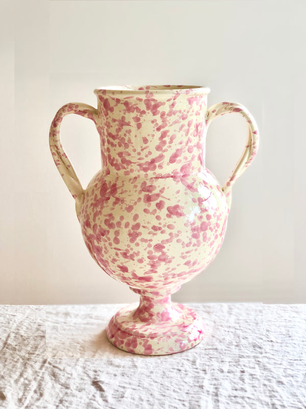 cream amphora vase with pink speckle pattern 13 inches tall