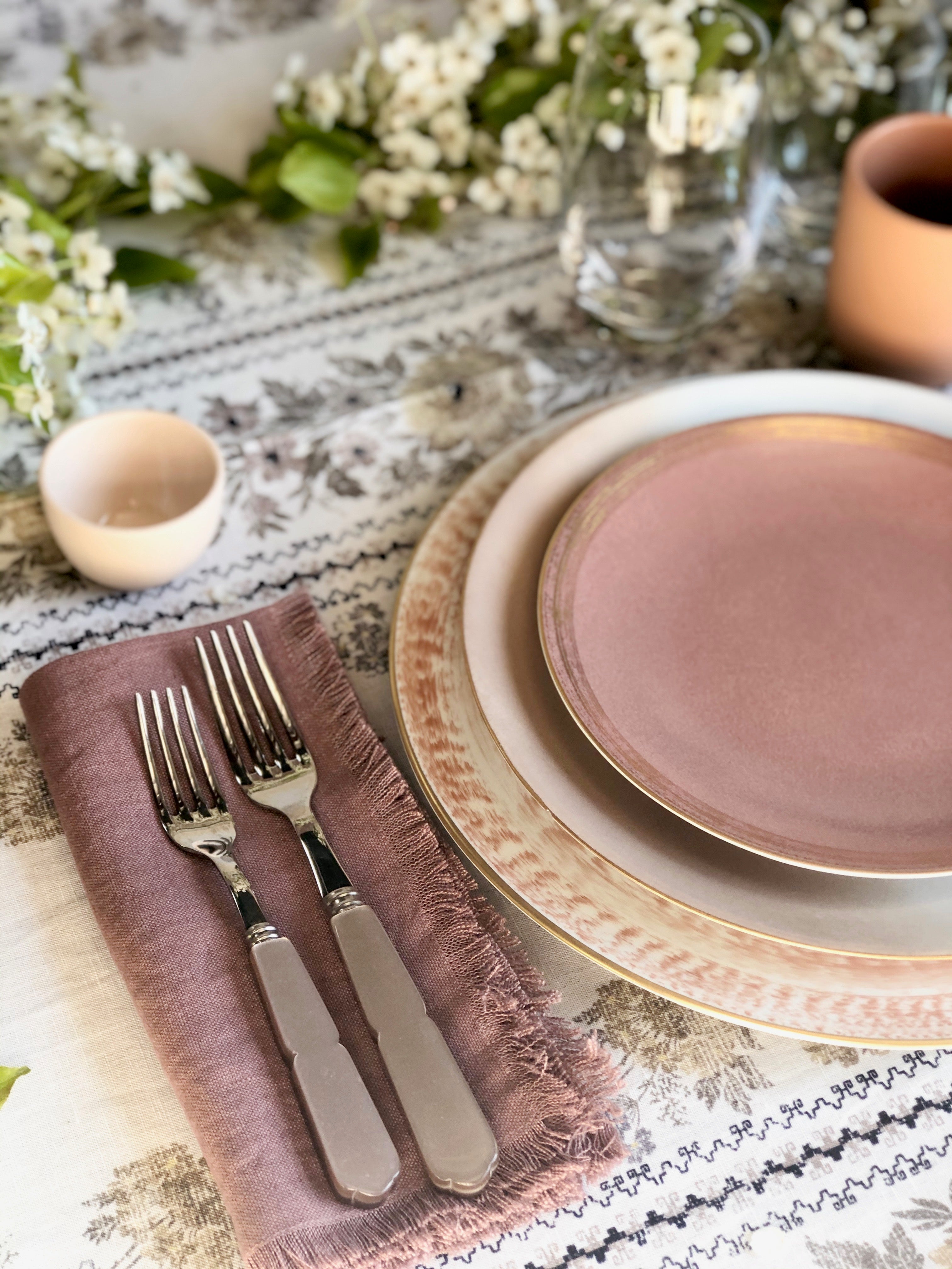 Mauve Colored Raw Edge Shell Napkins Table setting