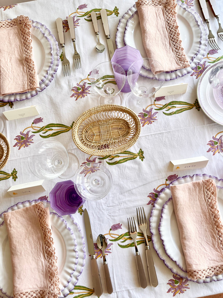 ballet pink linen napkins with macrame trim in tablescape