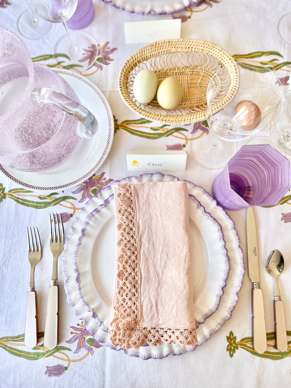ballet pink linen napkins with macrame trim with placesetting