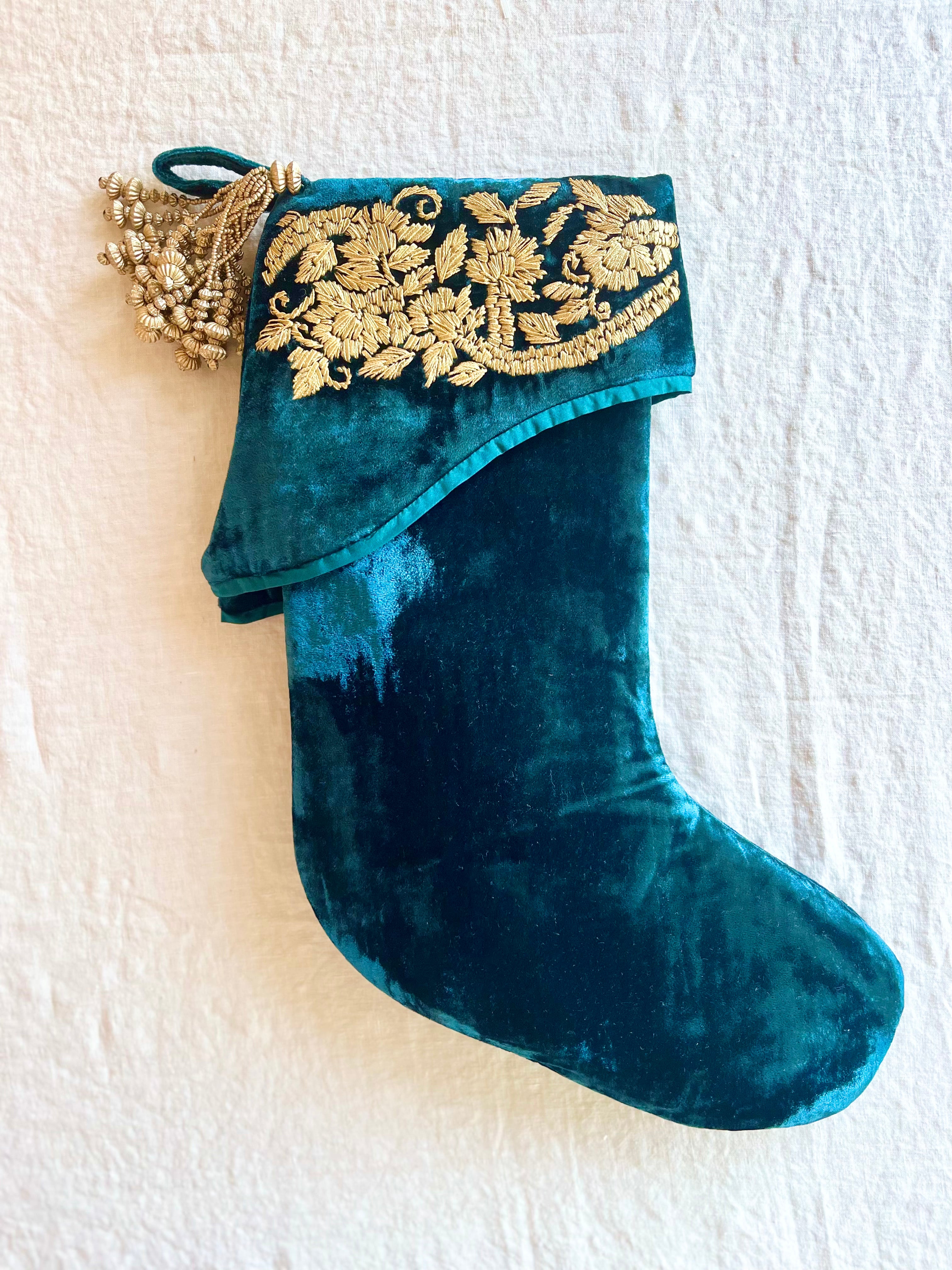 Golden Holly Stocking - Majolica Blue