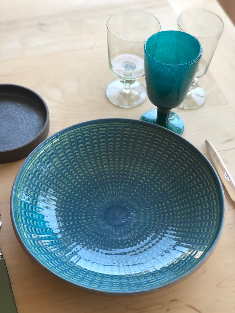 teal bubble glass goblet with peacock bowl