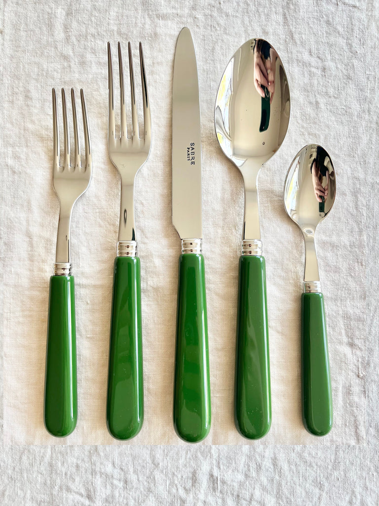 sabre stainless steel flatware set with emerald green resin handles