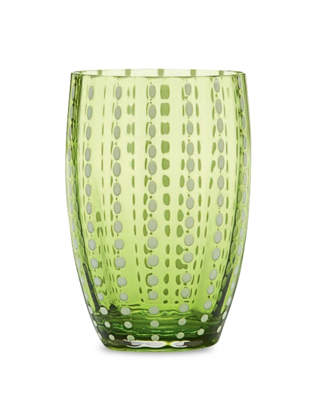 leaf green glass tumbler with white vertical dotten line pattern 4.3 inches tall detail view