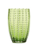 leaf green glass tumbler with white vertical dotten line pattern 4.3 inches tall detail view