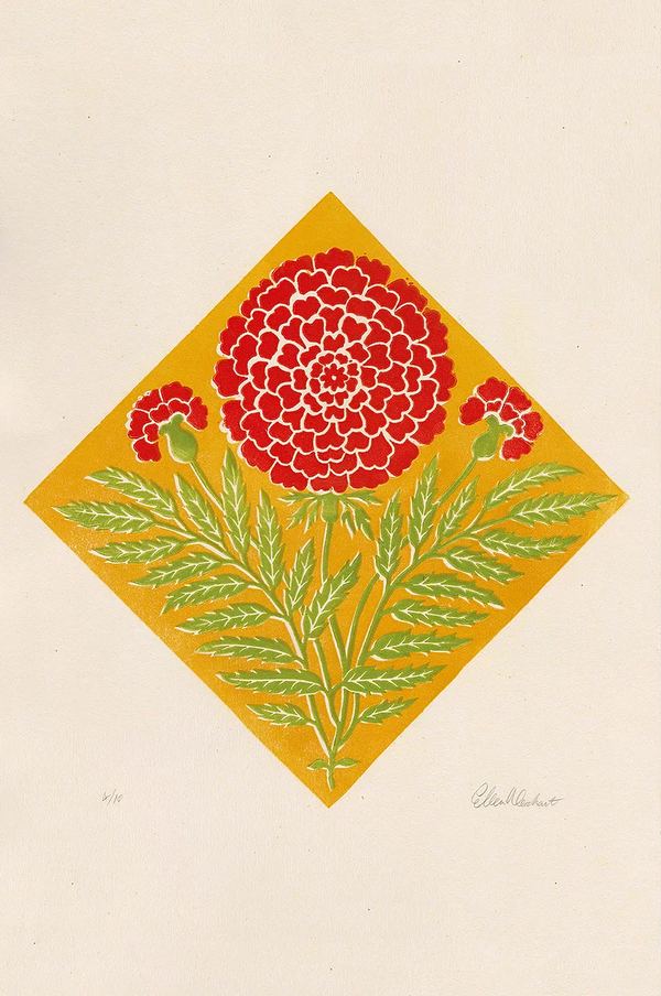 ellen merchant limited edition print with yellow background and large pink Marigold 13.7" x 19.6" 